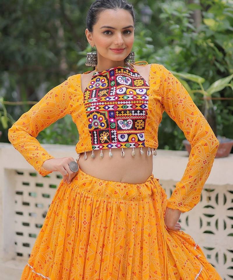 Vibrant Bandhej Printed Yellow Lehenga with Embroidered Blouse