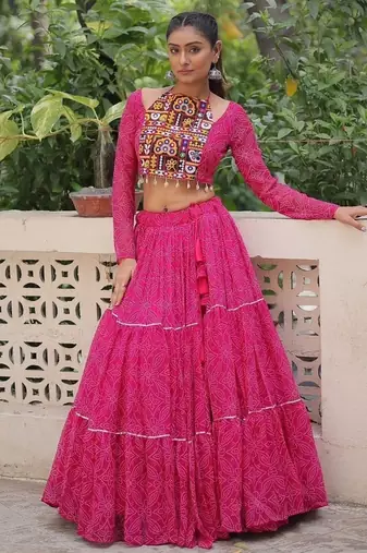 Vibrant Bandhej Printed Pink Lehenga with Embroidered Blouse