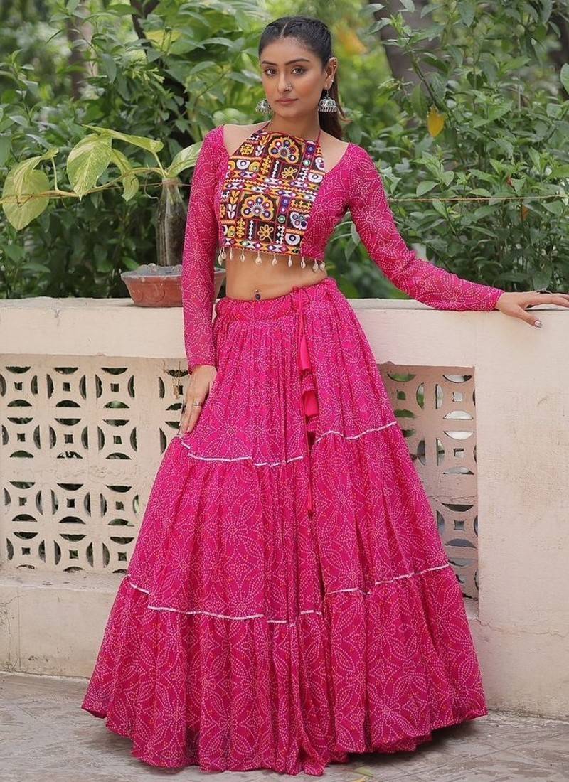 Vibrant Bandhej Printed Pink Lehenga with Embroidered Blouse