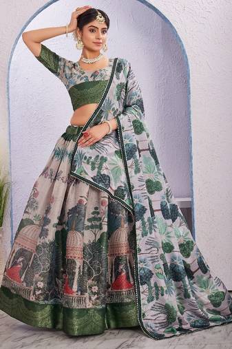 Artistic Green Printed Lehenga with Traditional Motifs and Embellished Blouse
