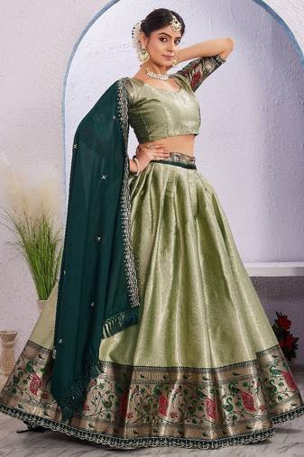 Radiant Olive Green Lehenga with Peacock Motif Border and green Dupatta