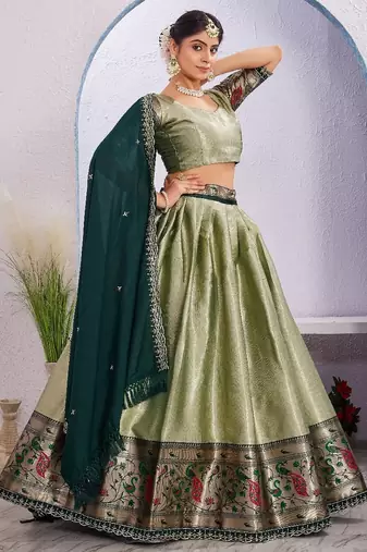 Radiant Olive Green Lehenga with Peacock Motif Border and green Dupatta