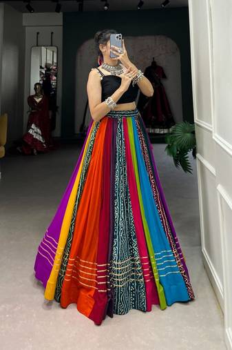Multicolor Traditional Lehenga with Black Crop Top style blouse.