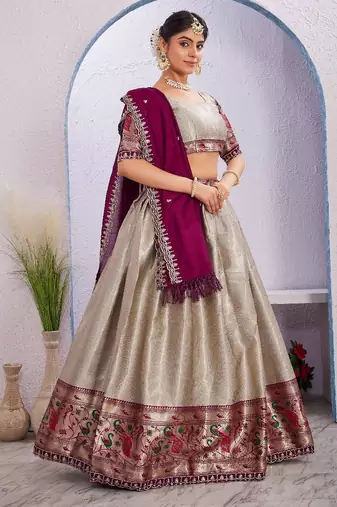 Regal Beige and Maroon Traditional Lehenga choli with Embroidered Detailing