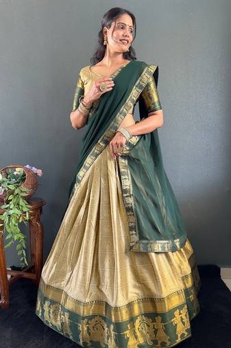 Elegant South Indian Traditional Lehenga in Olive Green and Gold