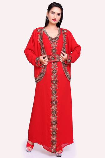 Glamorous Georgette Red Stitched Kaftan with Matching Belt & Handwork Embroidery Detailing
