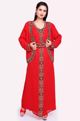 Glamorous Georgette Red Stitched Kaftan with Matching Belt & Handwork Embroidery Detailing