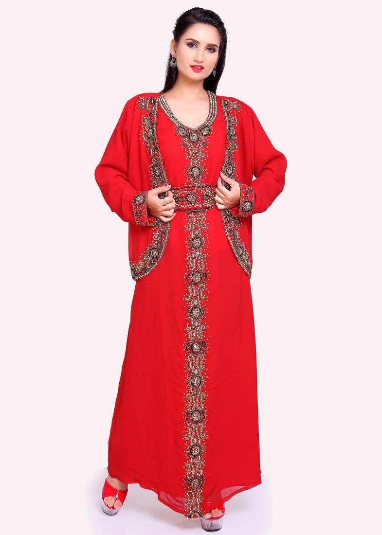 Glamorous Georgette Red Stitched Kaftan with Matching Belt & Handwork Embroidery Detailing