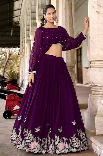 purple Georgette Sequins Embroidered Crop Top Semi Stitch Lehenga