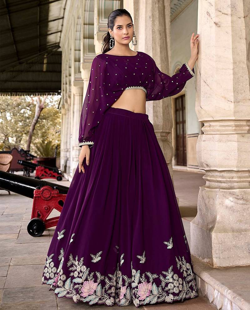 purple Georgette Sequins Embroidered Crop Top Semi Stitch Lehenga
