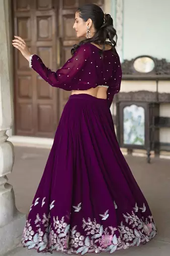 Trendmalls purple Georgette Sequins Embroidered Crop Top Semi Stitch Lehenga