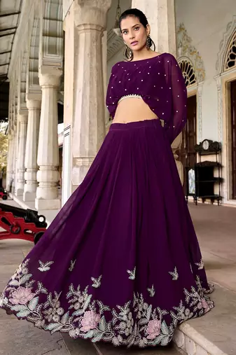 Trendmalls purple Georgette Sequins Embroidered Crop Top Semi Stitch Lehenga
