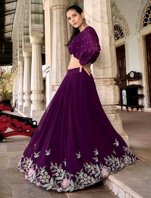 Trendmalls purple Georgette Sequins Embroidered Crop Top Semi Stitch Lehenga 4