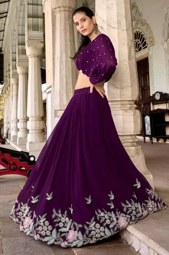 Trendmalls purple Georgette Sequins Embroidered Crop Top Semi Stitch Lehenga