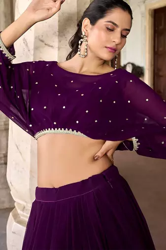 Trendmalls purple Georgette Sequins Embroidered Crop Top Semi Stitch Lehenga