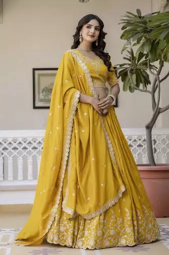 Yellow Art Silk Embroidery work Lehenga Choli with Dupatta