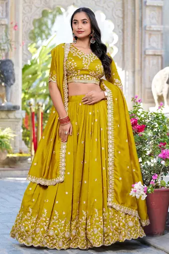 Yellow Art Silk Embroidery work Lehenga Choli with Dupatta