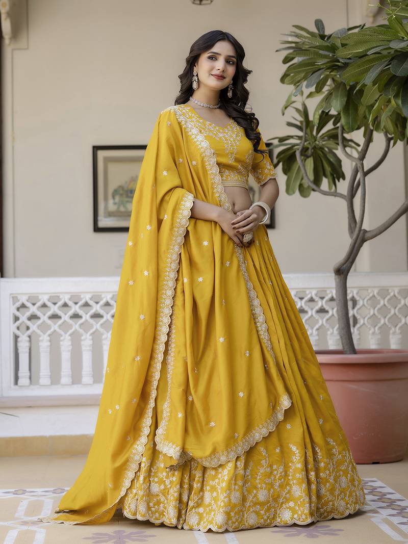 Yellow Art Silk Embroidery work Lehenga Choli with Dupatta