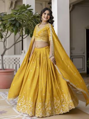 Yellow Art Silk Embroidery work Lehenga Choli with Dupatta 3