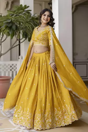 Yellow Art Silk Embroidery work Lehenga Choli with Dupatta