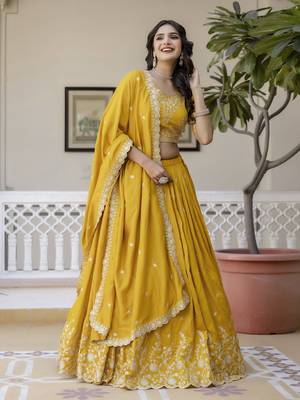 Yellow Art Silk Embroidery work Lehenga Choli with Dupatta 4