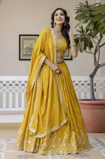 Yellow Art Silk Embroidery work Lehenga Choli with Dupatta