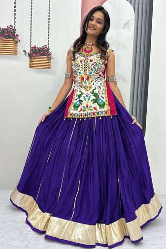 purple navratri kutchi embroidery work kurti with lehenga