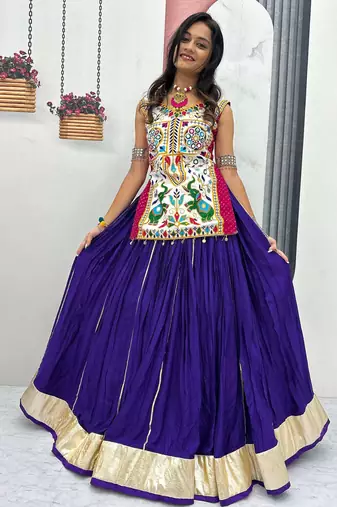 purple navratri kutchi embroidery work kurti with lehenga