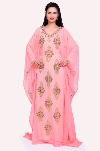 Royal Stitched Kaftan in Peach Pink with Stone and Handwork design 