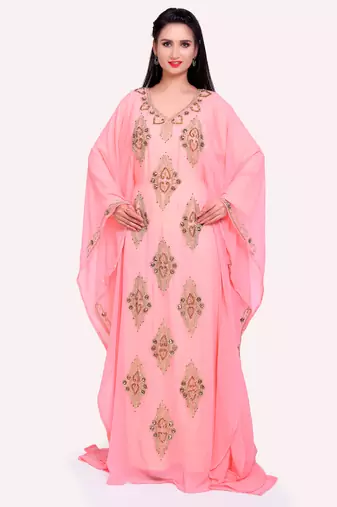 Royal Stitched Kaftan in Peach Pink with Stone and Handwork design 