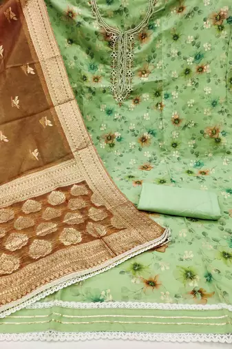 Women's mint modal chanderi hand work unstitched dress material
