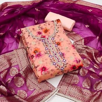 Women's peach modal chanderi hand work unstitched dress material 1