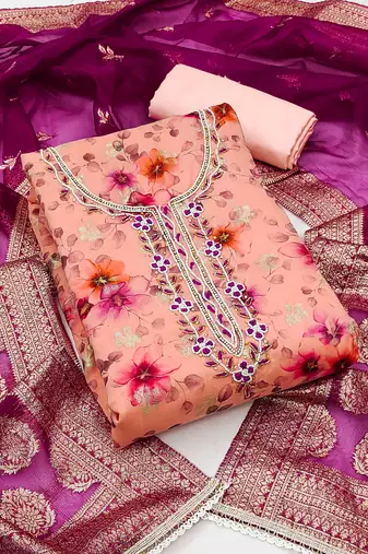 Women's peach modal chanderi hand work unstitched dress material
