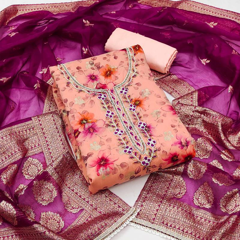 Women's peach modal chanderi hand work unstitched dress material