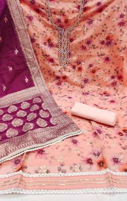 Women's peach modal chanderi hand work unstitched dress material 2