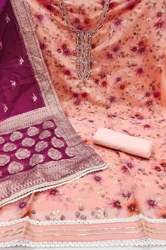 Women's peach modal chanderi hand work unstitched dress material