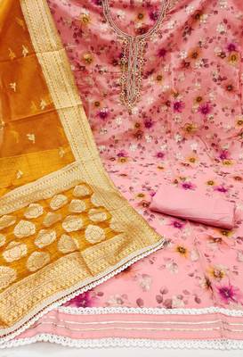 Women's pink modal chanderi hand work unstitched dress material 2