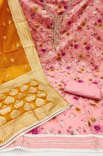 Women's pink modal chanderi hand work unstitched dress material