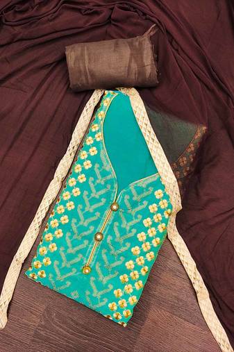 Women's sea green modal chanderi embroidered unstitched dress material