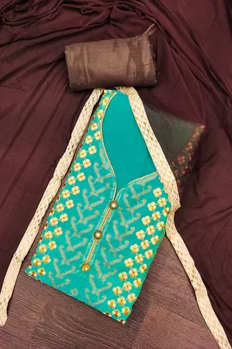 Women's sea green modal chanderi embroidered unstitched dress material