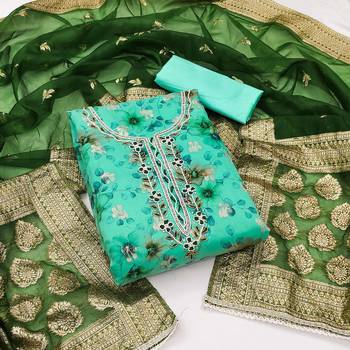 Women's sea green modal chanderi hand work unstitched dress material 1