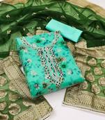 Women's sea green modal chanderi hand work unstitched dress material