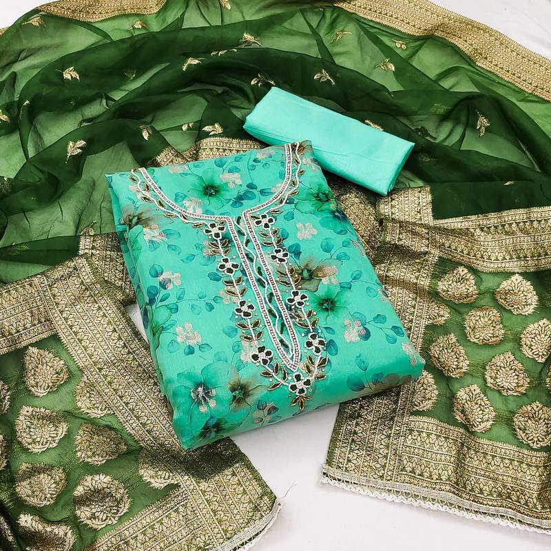 Women's sea green modal chanderi hand work unstitched dress material