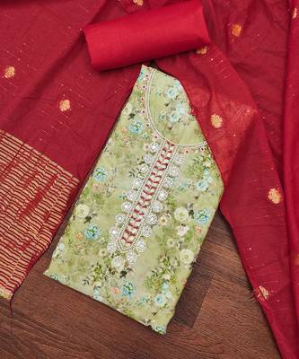 Women's olive banarasi cotton digital print & hand work unstitched dress material 1
