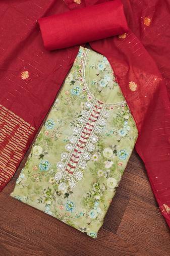 Women's olive banarasi cotton digital print & hand work unstitched dress material
