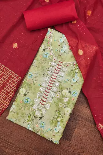 Women's olive banarasi cotton digital print & hand work unstitched dress material