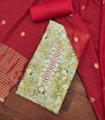 Women's olive banarasi cotton digital print & hand work unstitched dress material