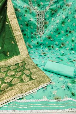 Women's sea green modal chanderi hand work unstitched dress material 2