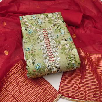 Women's olive banarasi cotton digital print & hand work unstitched dress material 2