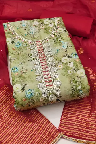 Women's olive banarasi cotton digital print & hand work unstitched dress material